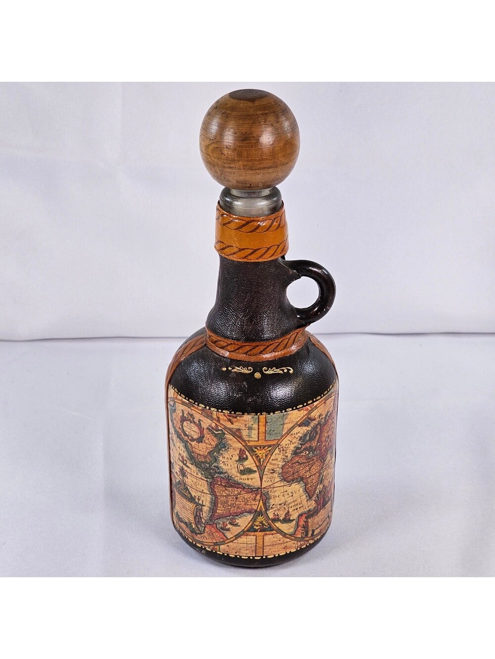 Vintage Italian Leather Wrapped Decanter Bottle Old World Map Wooden Stopper